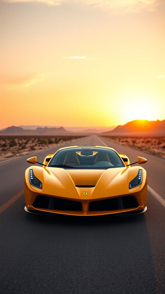 Yellow Ferrari Rides Desert Road at Sunset