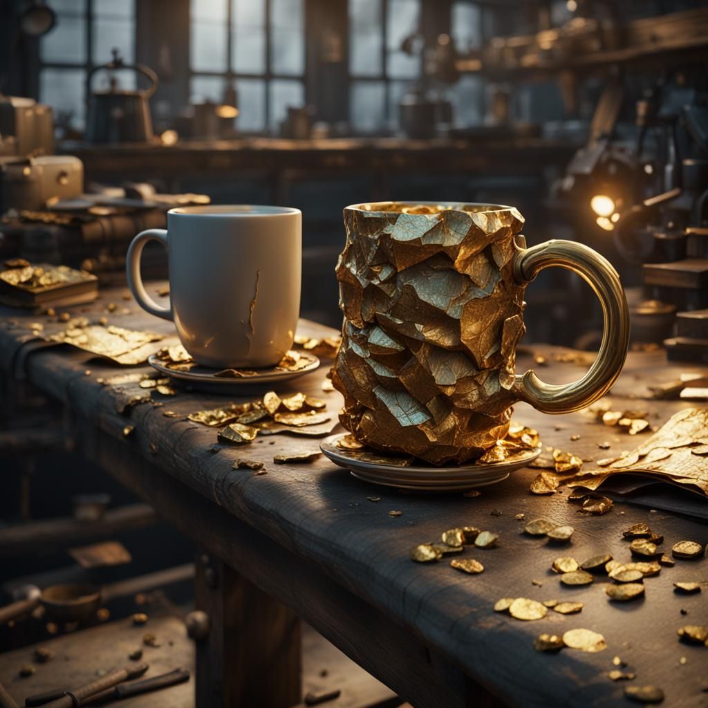 Gold Filled Coffee Mug on Workbench
