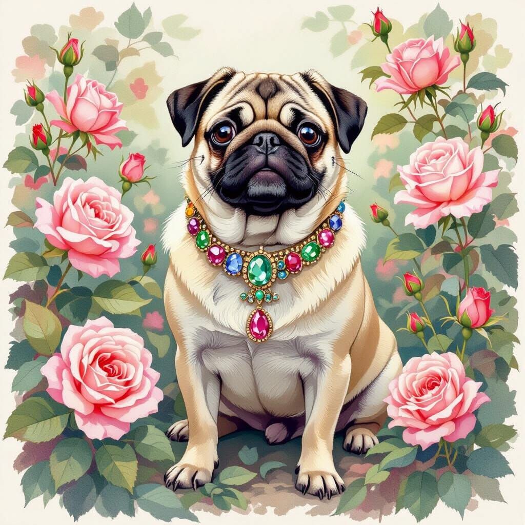 Regal Pug in a Vibrant Rose Garden