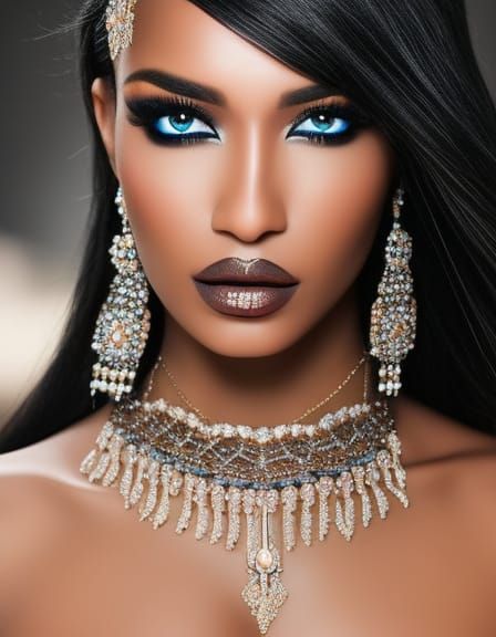 Ebony Beauty with Blue Eyes in Neon Light