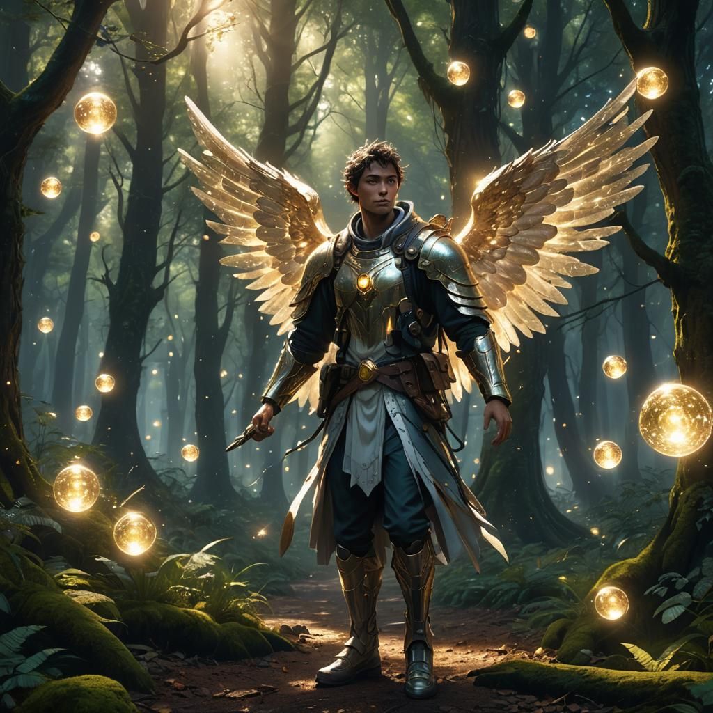 Ethereal Man in Forest with Sparkling Orbs