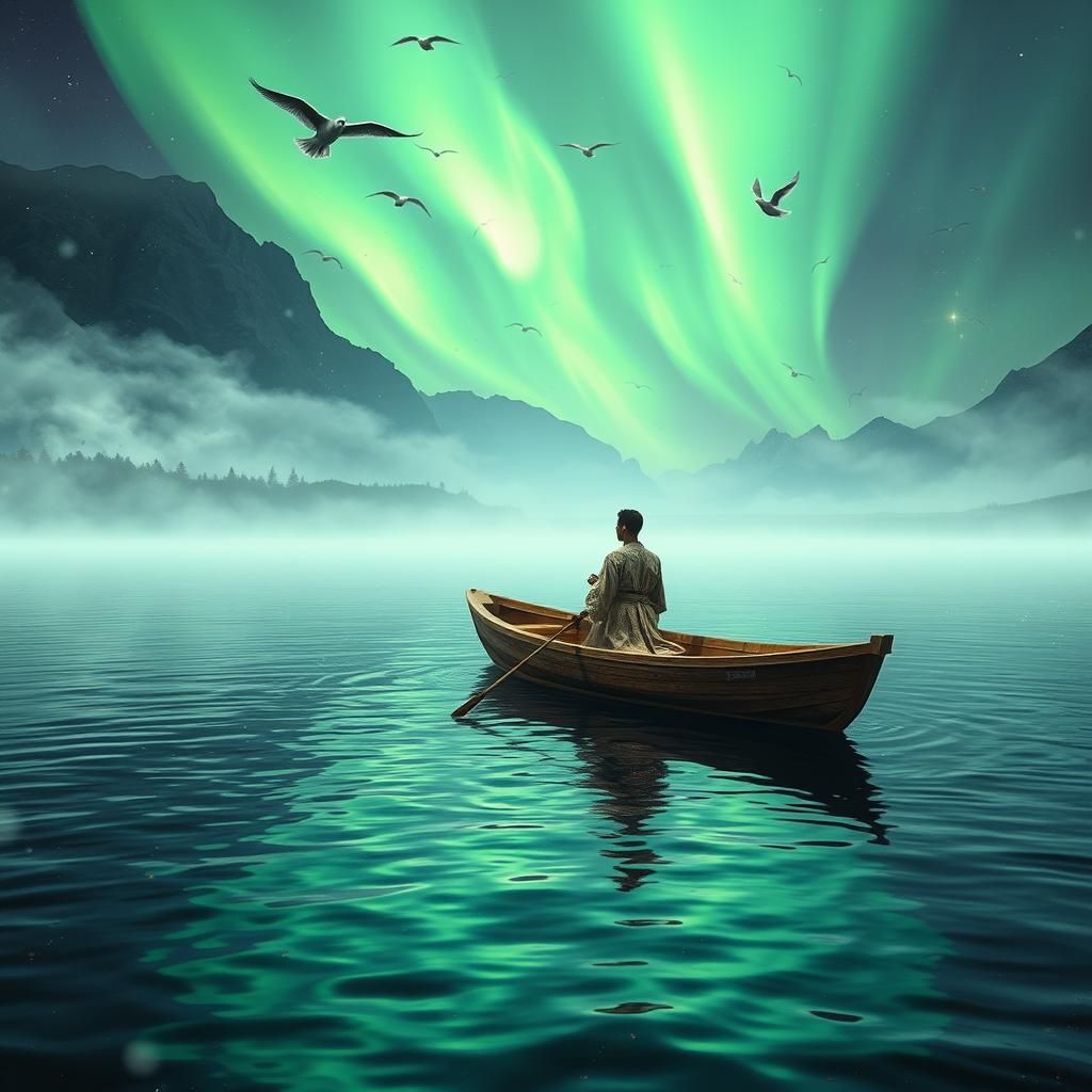 Ethereal Fisherman on Lake in Art Deco Style