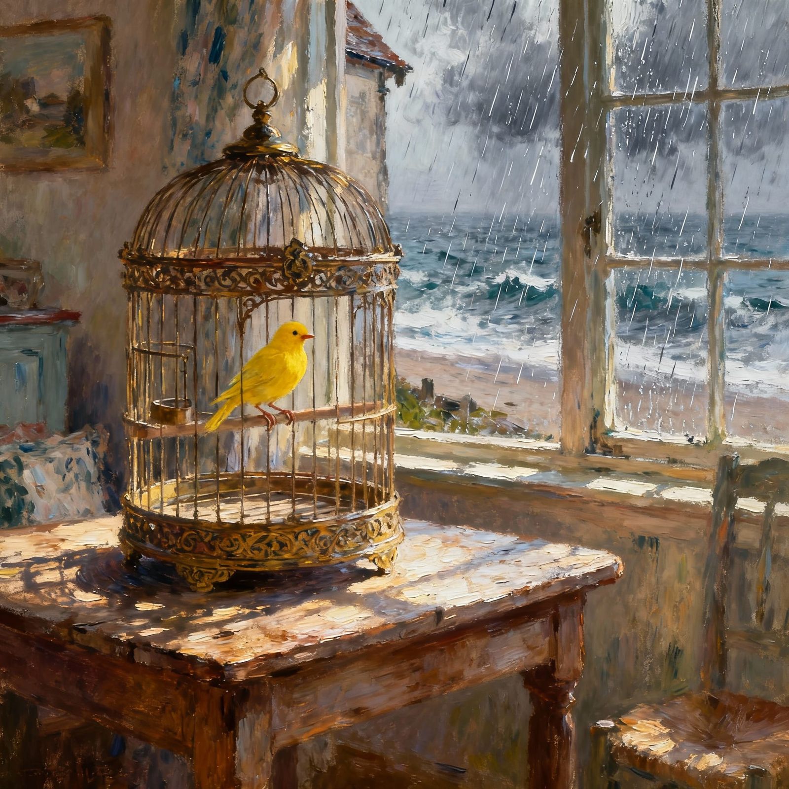 Impressionist Oil Painting of a Canary in an Ornate Cage