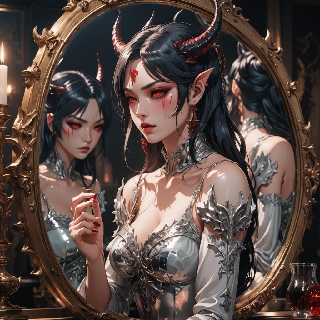 Woman and Demon Reflection in Anime Style