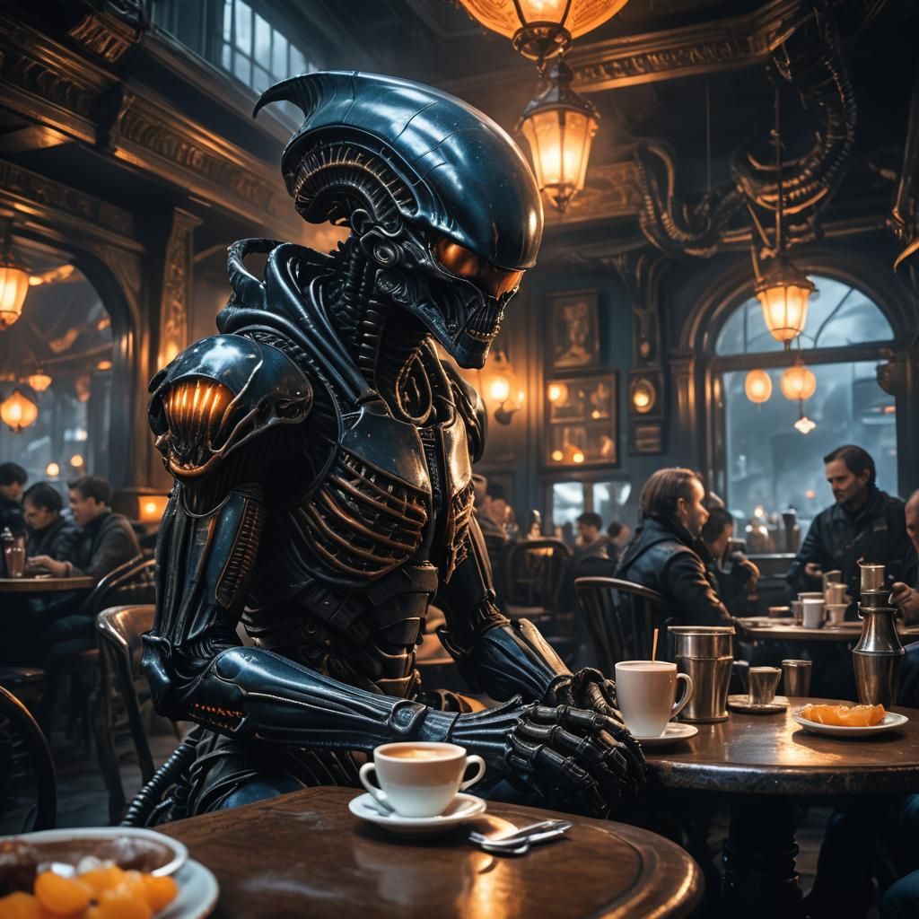Xenomorph Sipping Coffee in Victorian Cafe