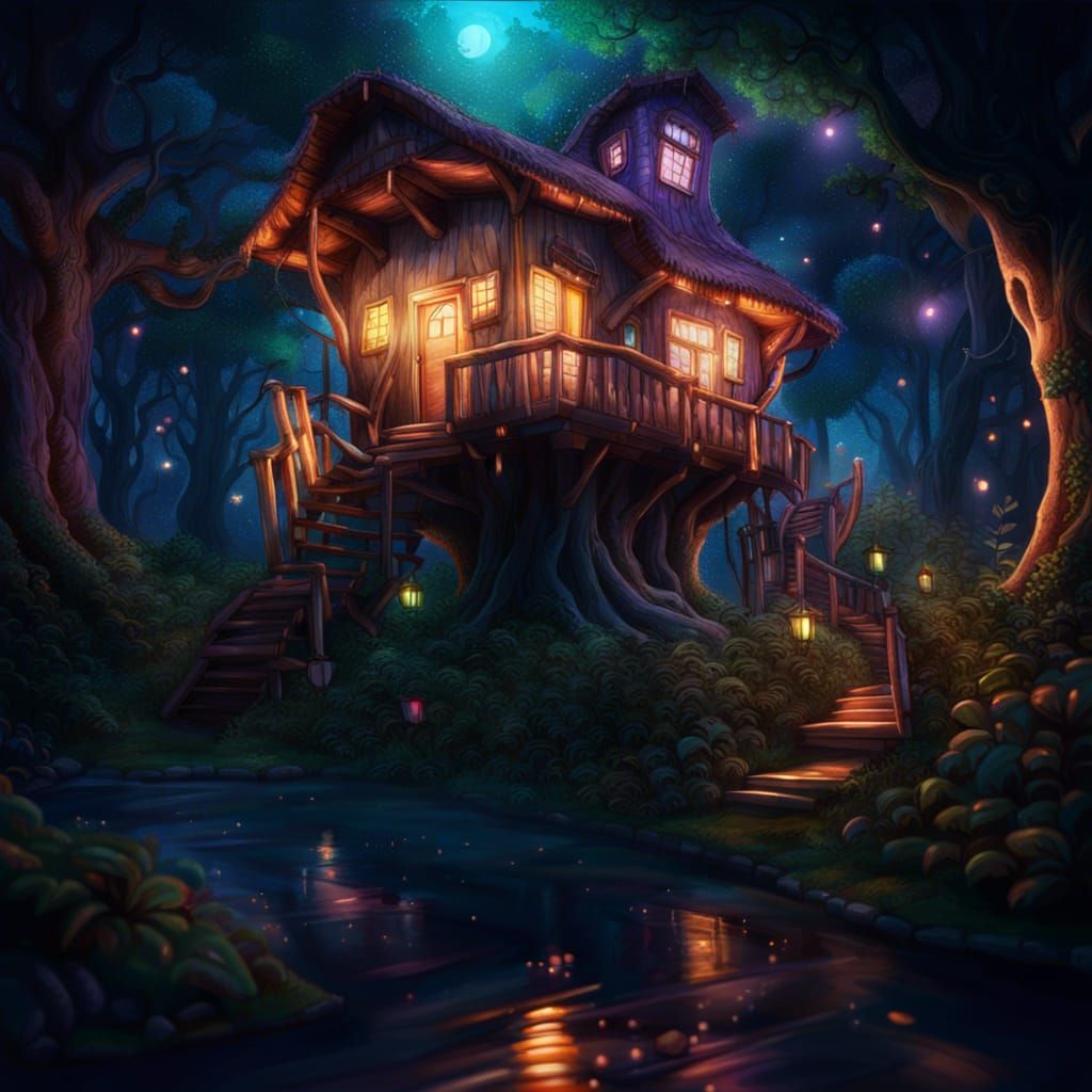 Enchanted Forest Treehouse at Night in Hyperrealism