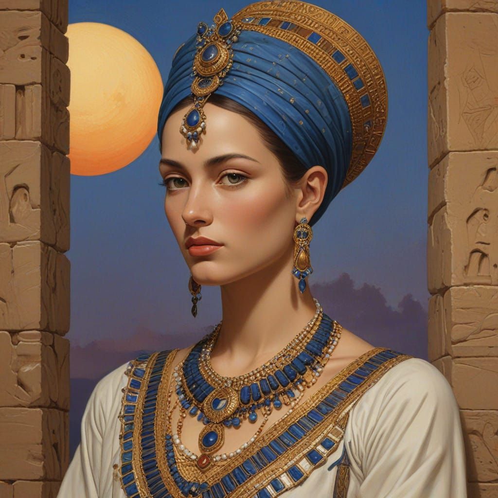 Egyptian Queen in Golden Headdress and Ornate Collar