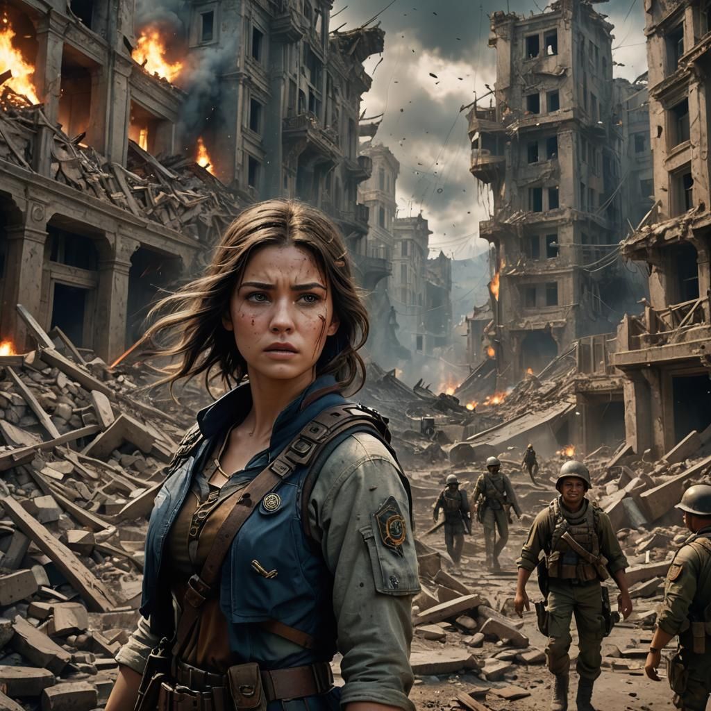 Frightened Woman Amidst Soldiers and Destruction