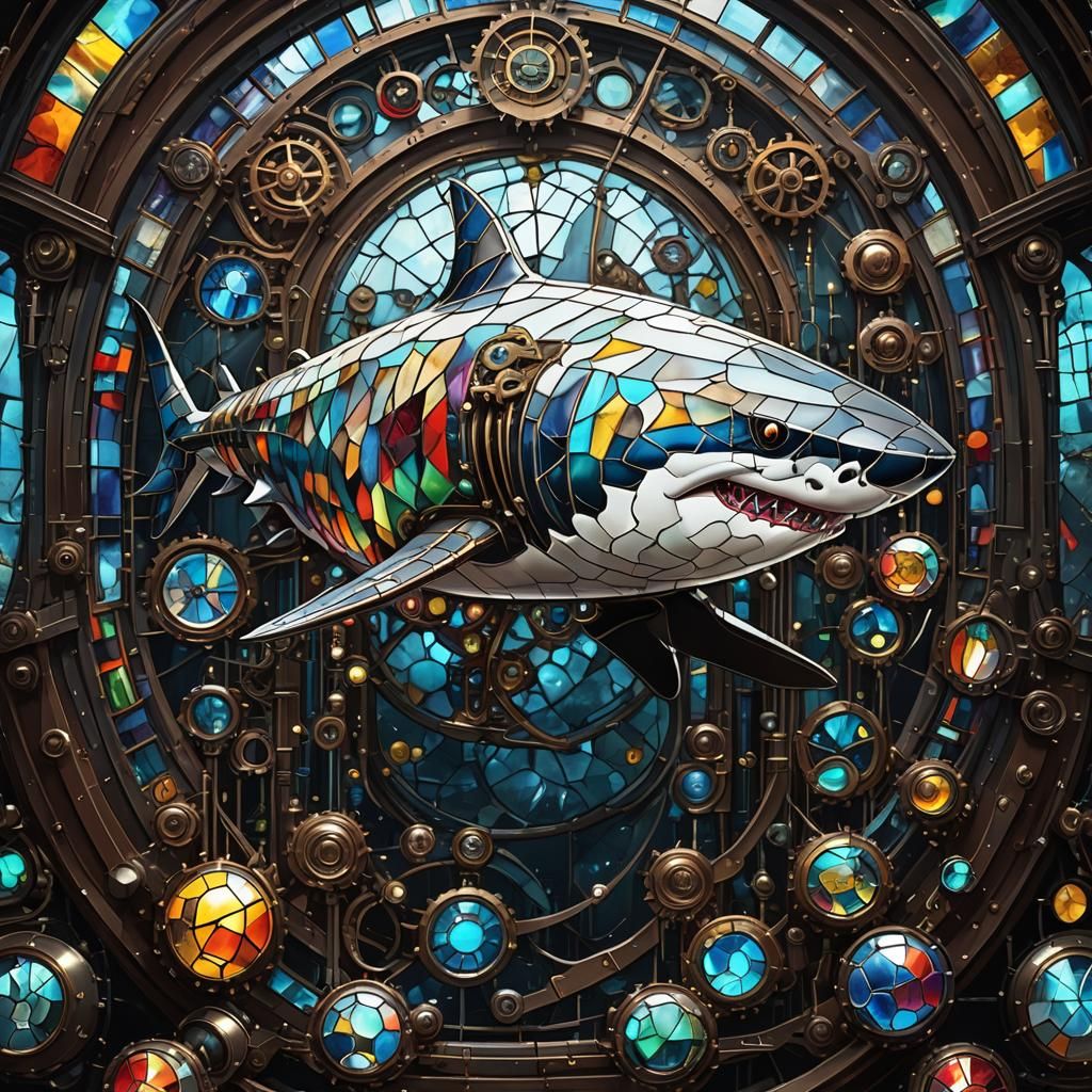 Steampunk Stained Glass Shark Floats in Dark Space