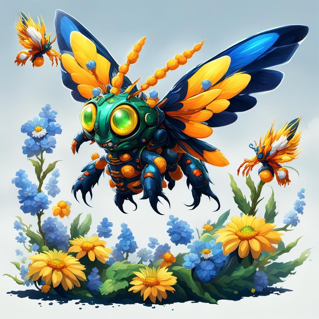 Flying Larva Digimon Among Flowers