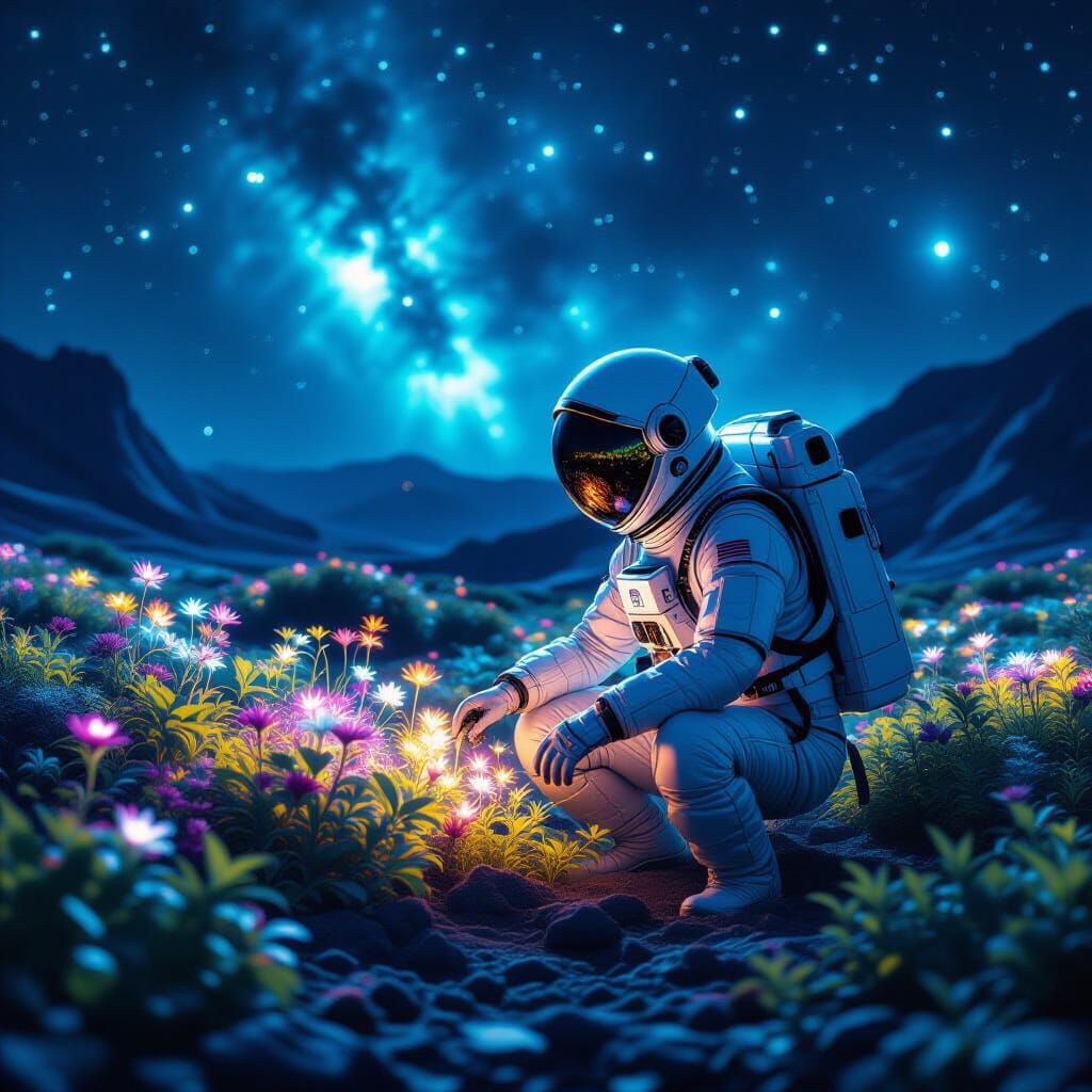 Astronaut Tends Alien Garden Under Cosmic Glow