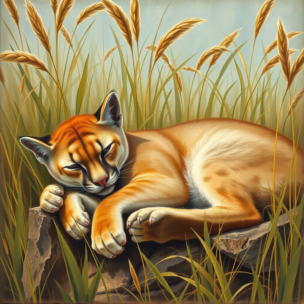 Golden Puma Surrounded by Swaying Grasses in a Dreamlike Sce...