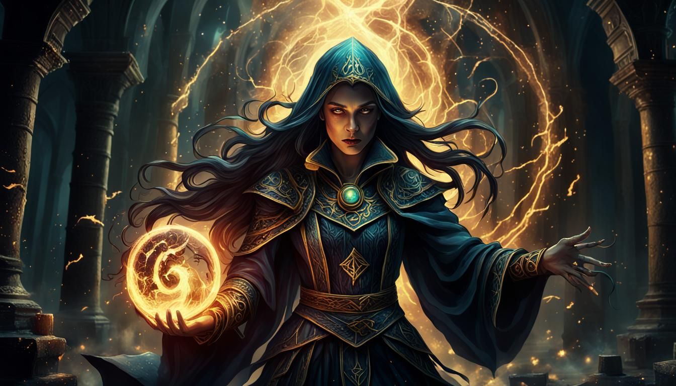 Sorceress Breaks Dark Spells in a Dark Fantasy Illustration