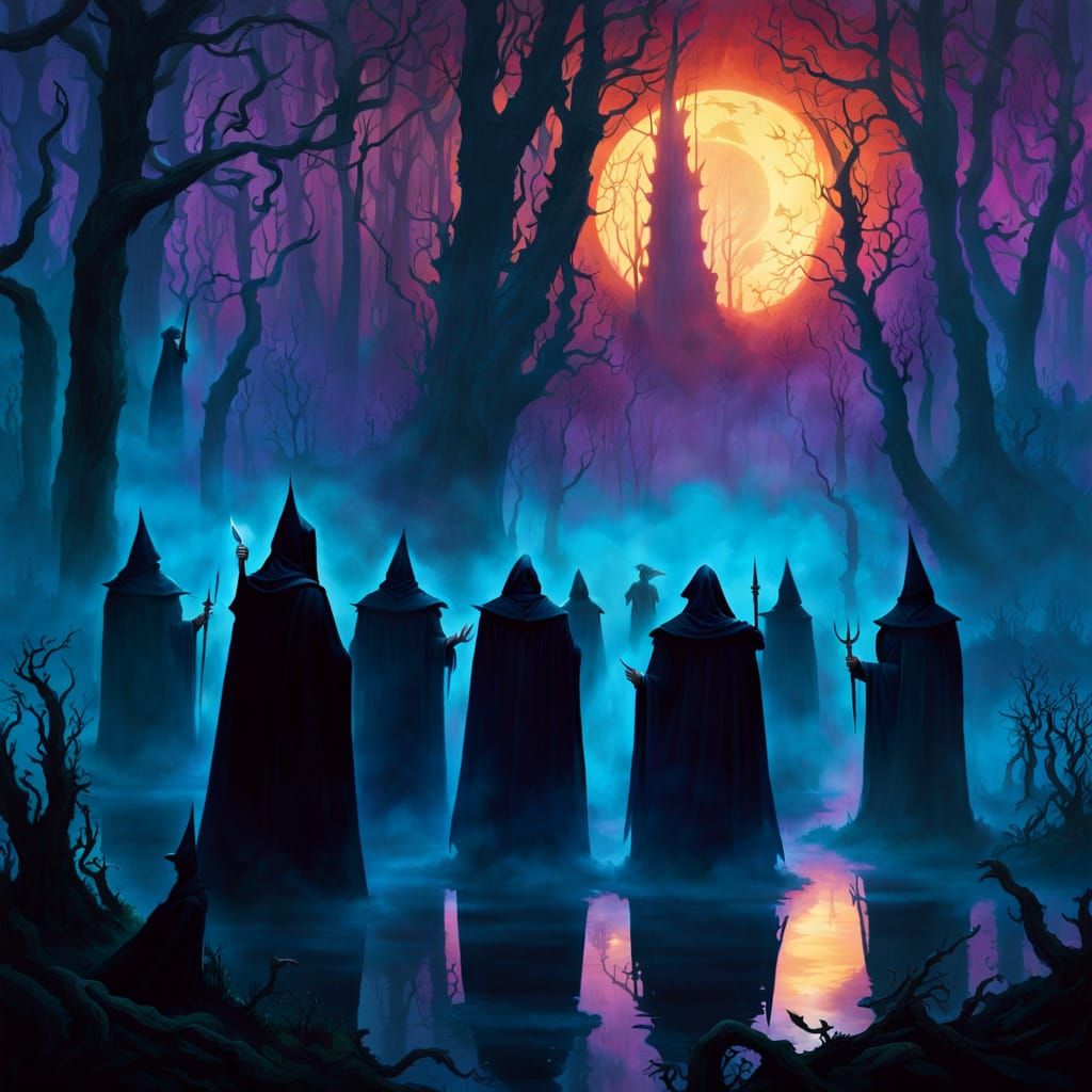Witches in Eerie Fog-Shrouded Marshland Scene