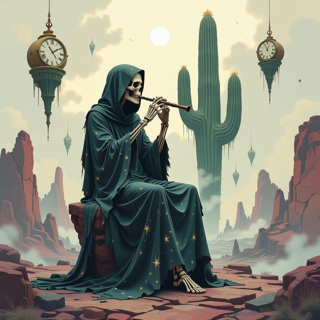 Starlight Skeleton Plays Bone Flute on Cactus Sculpture