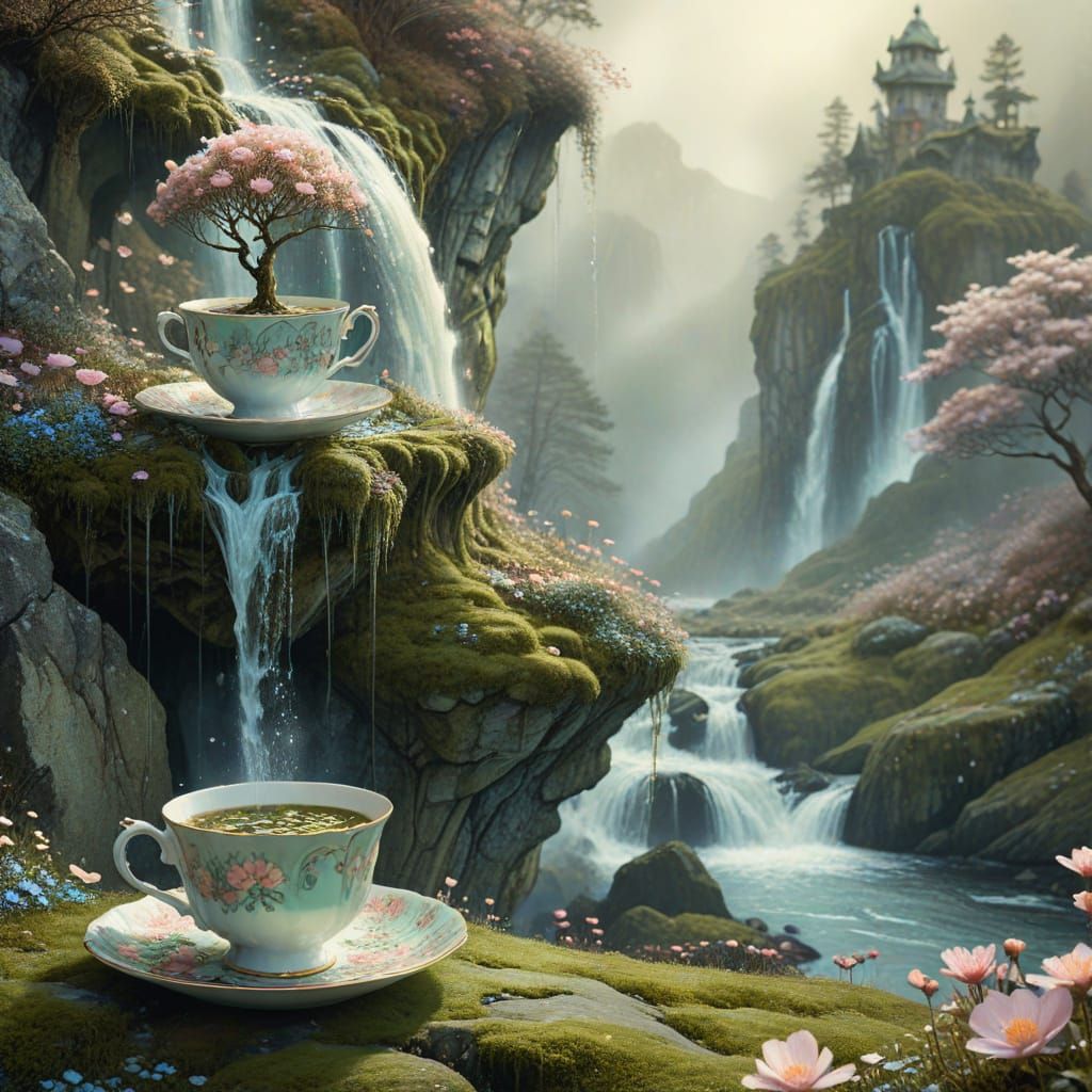 Enchanting Teacup Waterfall in Dreamlike Watercolor Style