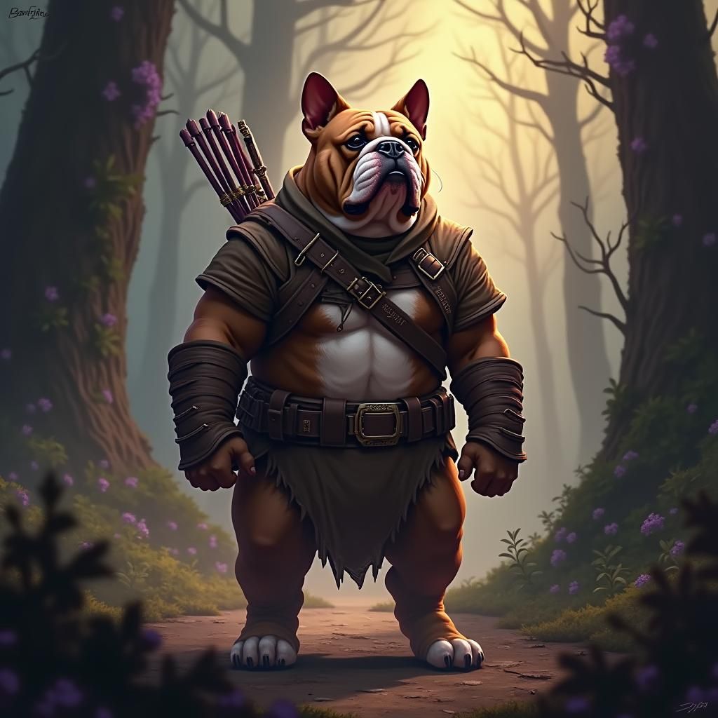 English Bulldog Ranger in Mystical Forest