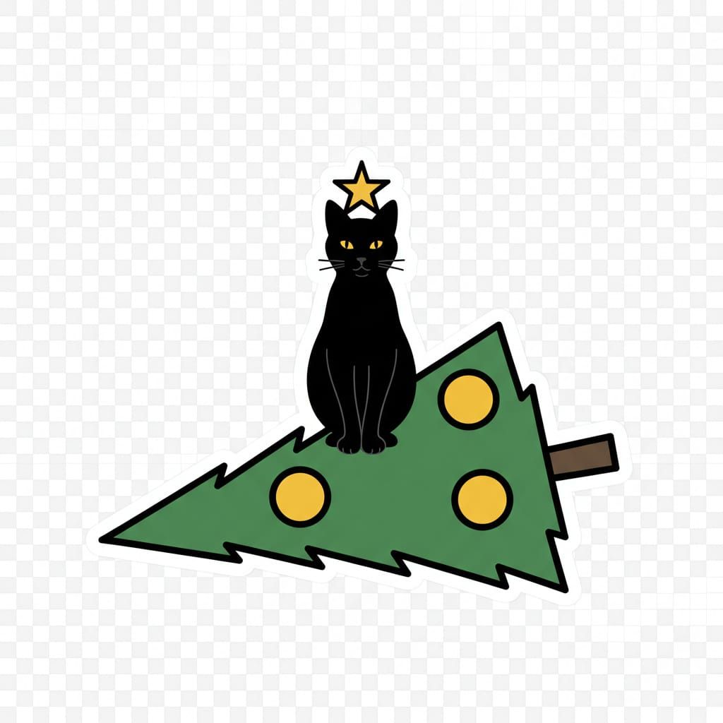 Minimalist Black Cat Sticker on Christmas Tree