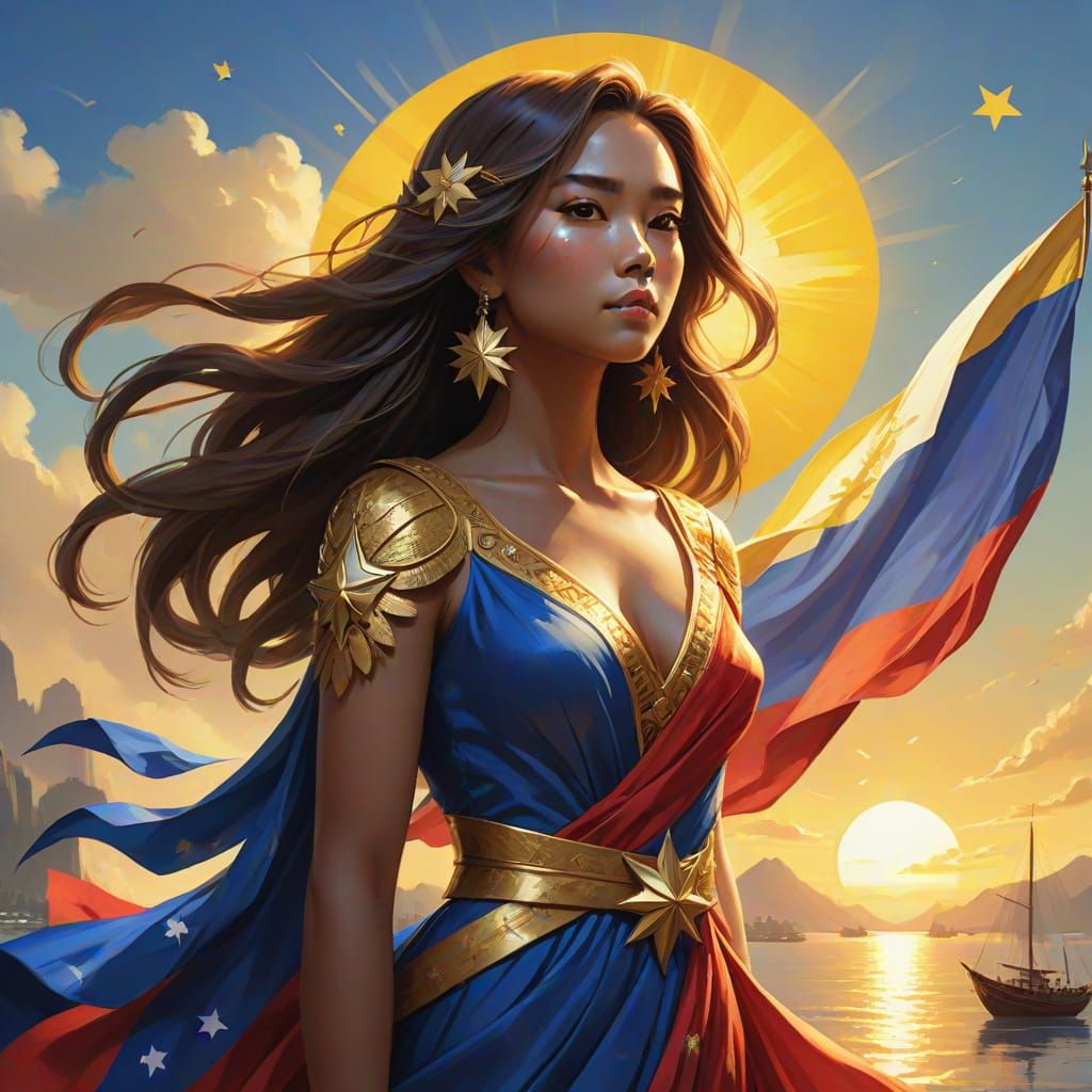 Philippine Flag Embodied as Proud Woman at Sunset