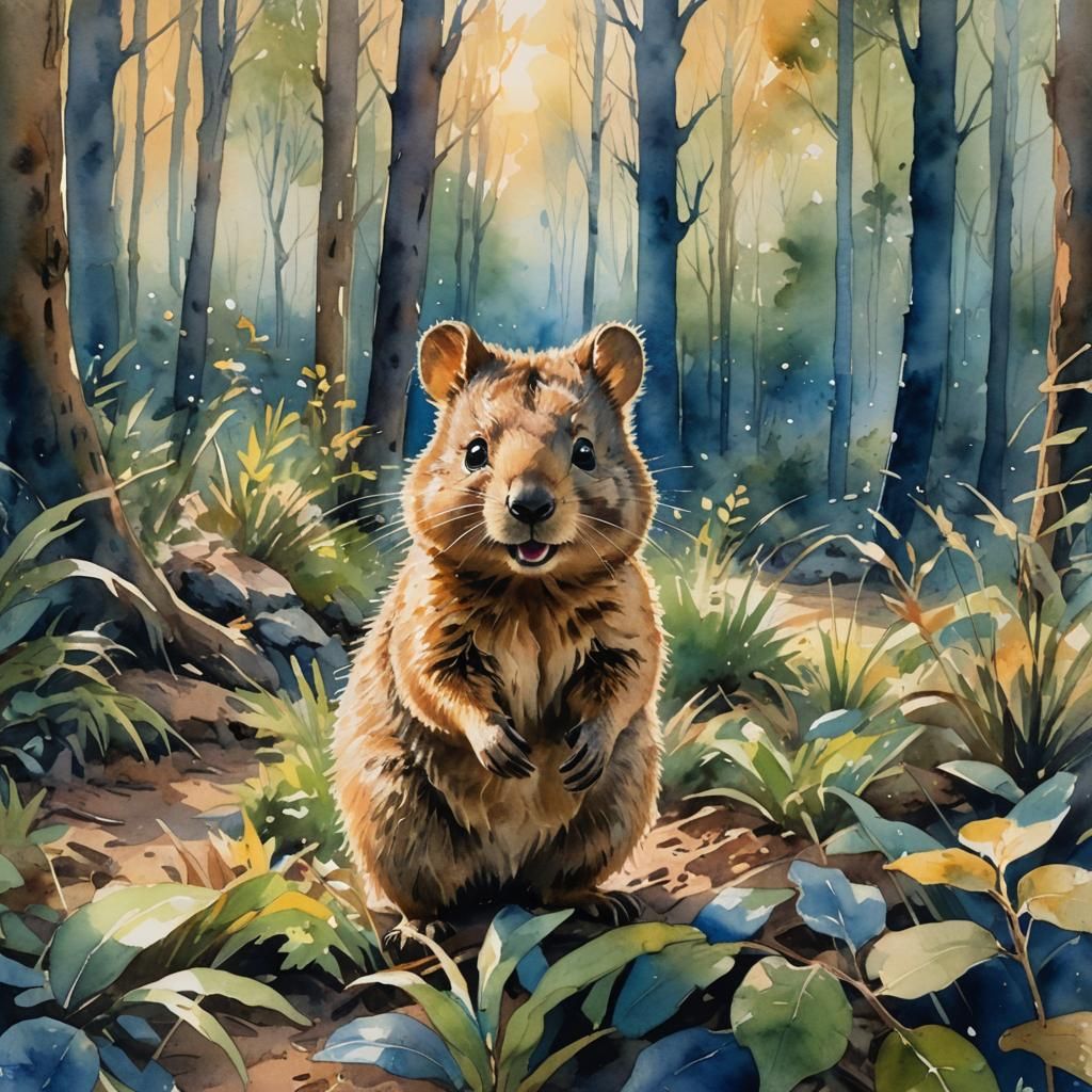 Whimsical Forest Encounter in Watercolor Style