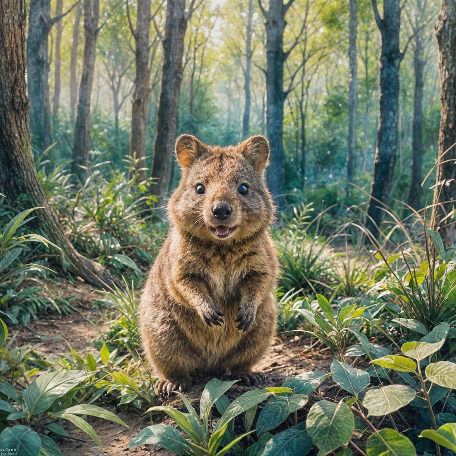 Vibrant Quokka Emerges in Lush Forest, Watercolor Masterpiec...