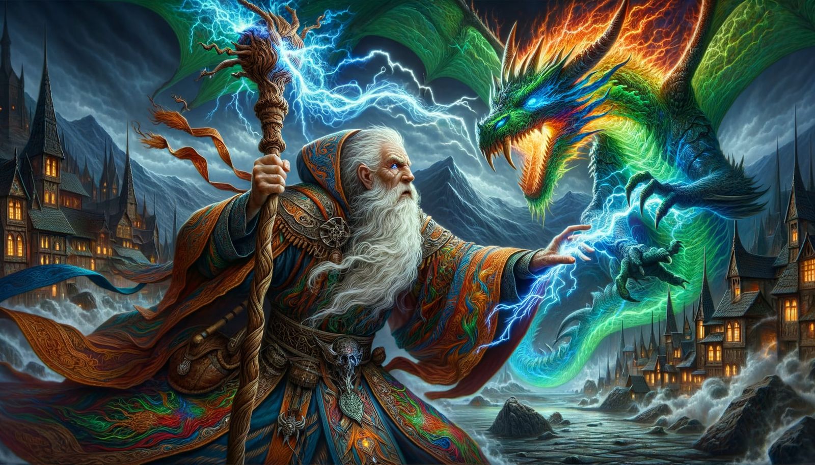 Wizard and Dragon Battle with Lightning Magic