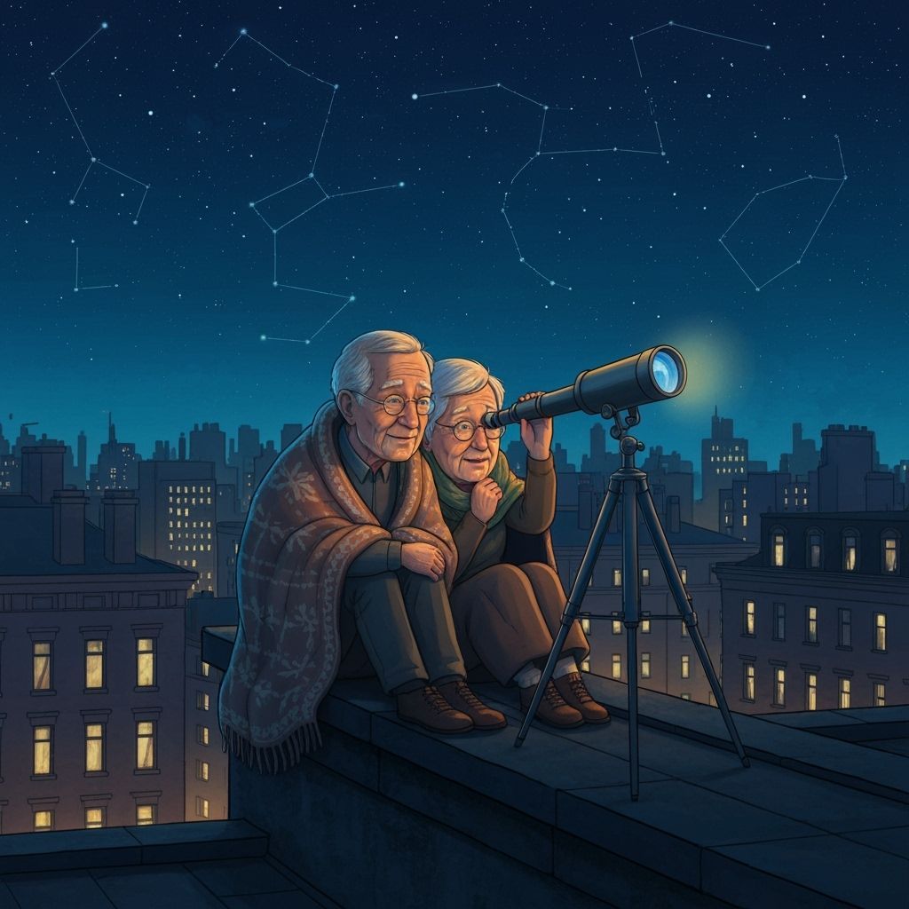 Elderly Couple Stargazing, Atmospheric Illustration