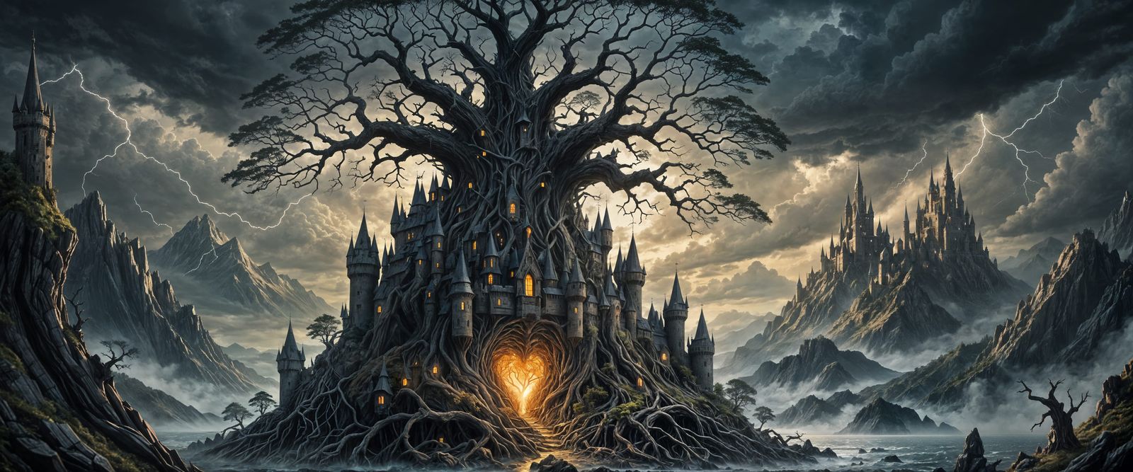 Ancient Pencil Tree Castle with Glowing Heart