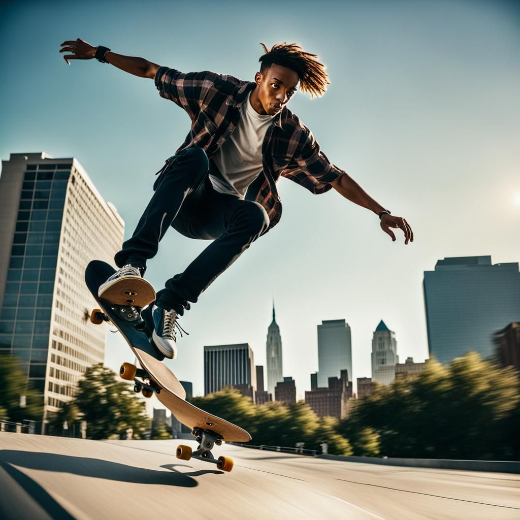 Teenage Skateboarder in Flight Over Cityscape