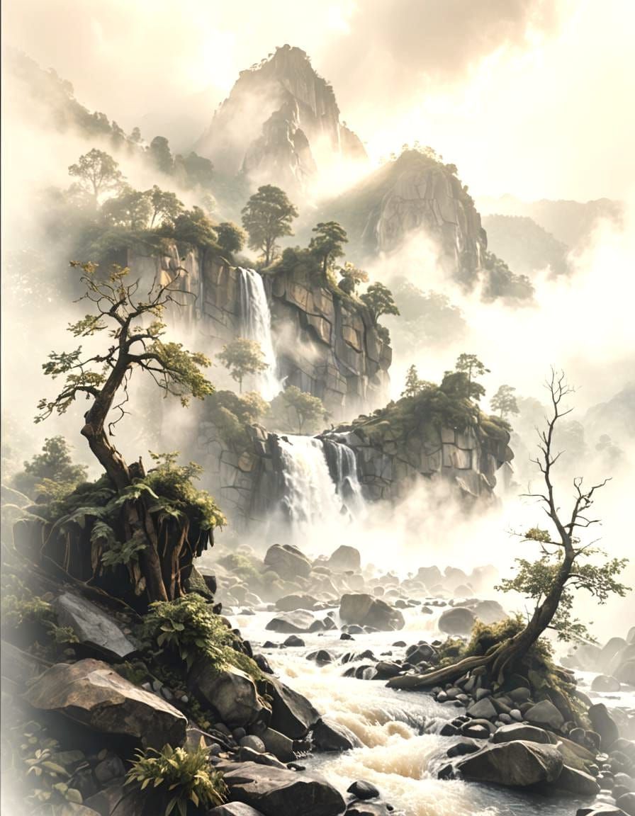 Mystical Black and White Mountain Landscape