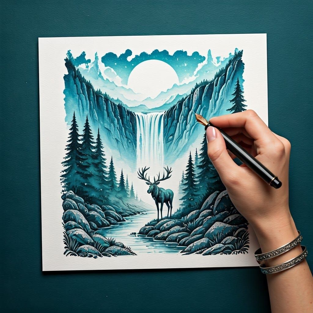 Mountain Landscape Drawn by Hand in Cosmic Style