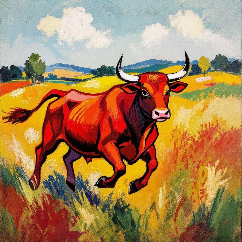 Fire-Red Bull Gallops Freely Across Vibrant Prairies