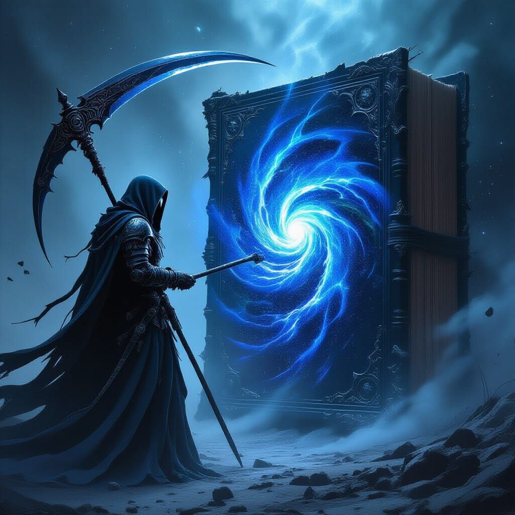 Grim Reaper Knight Gazes into Cosmic Book Vortex