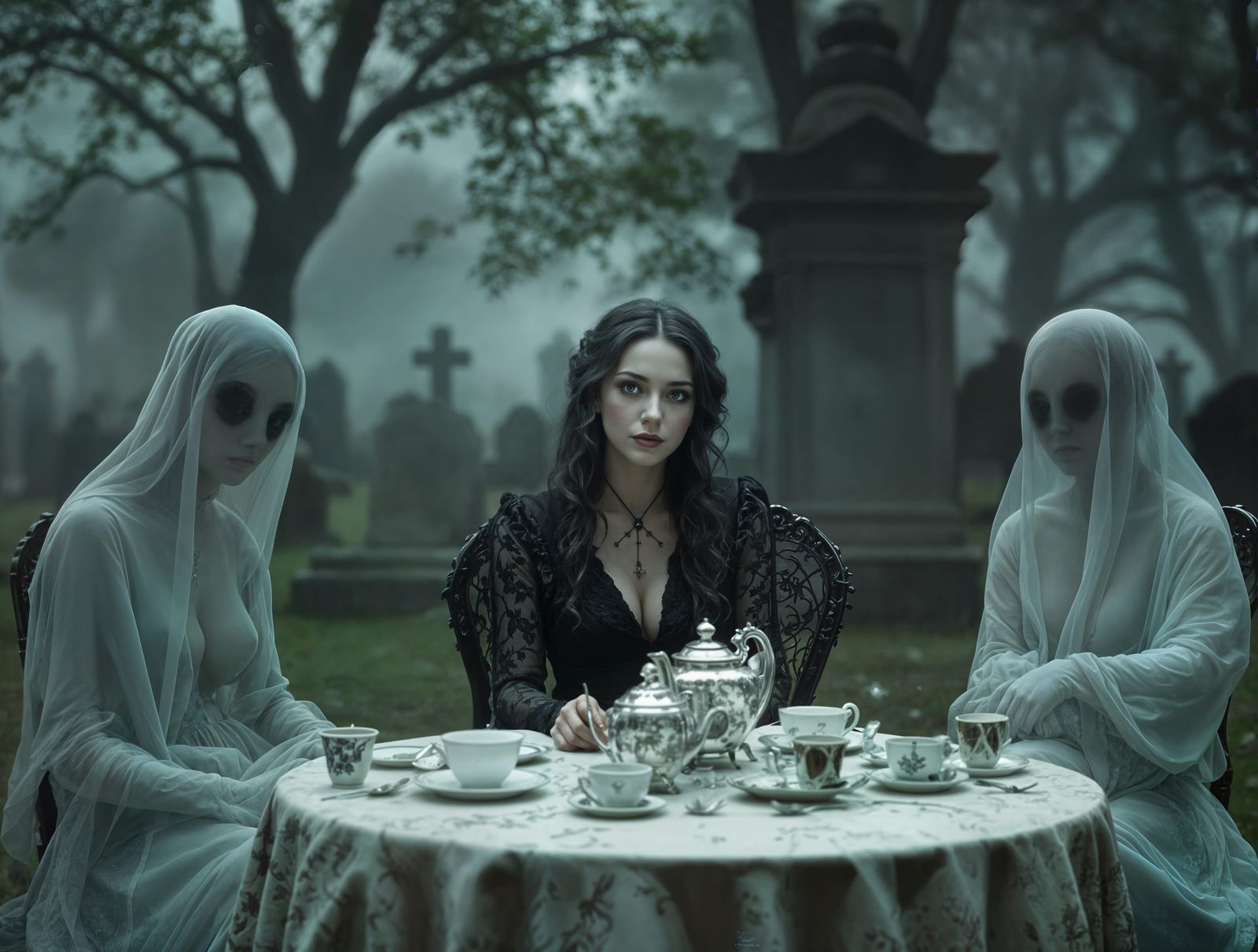 Surreal Gothic Tea Party in a Misty Graveyard