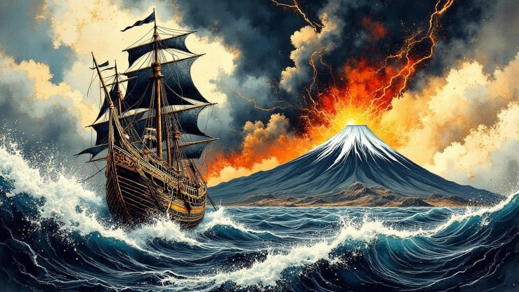 Ancient Ship Sails into Fiery Horizon