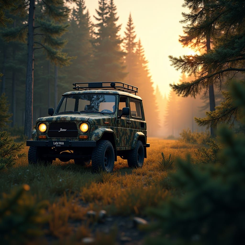 Camouflaged Lada Niva in Sunset Forest Landscape