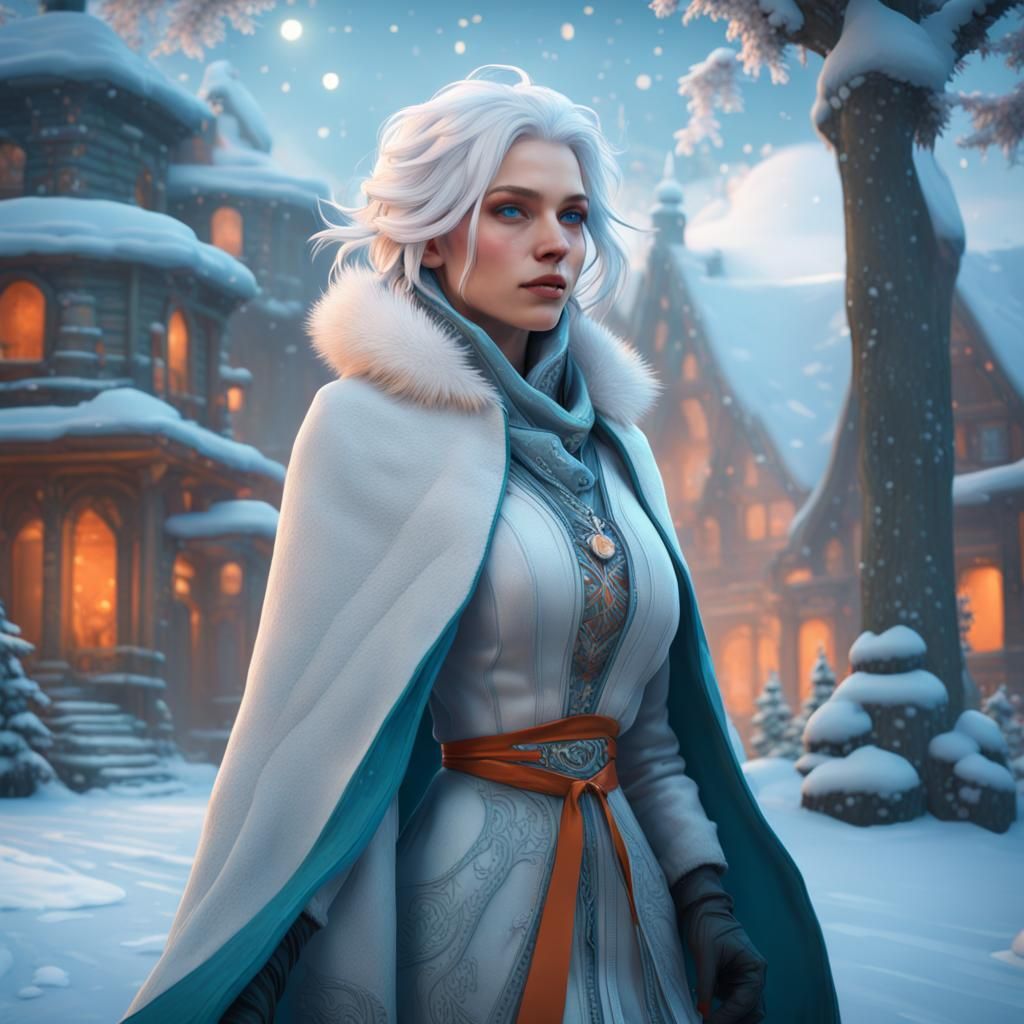 White-Haired Woman in Winter Wonderland, Art Nouveau Style