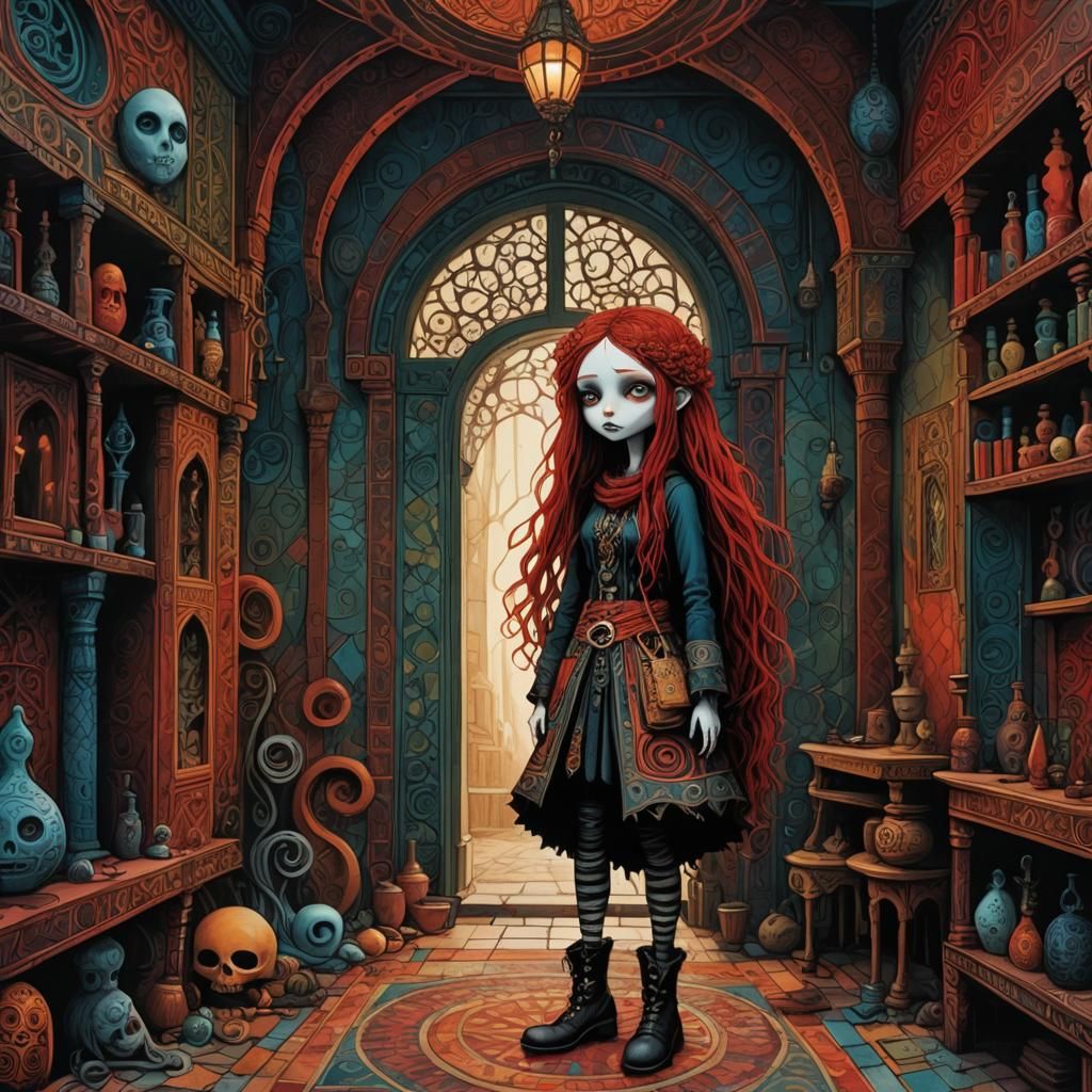 Gothic Hippy Girl in Moroccan Room, Comic Book Art