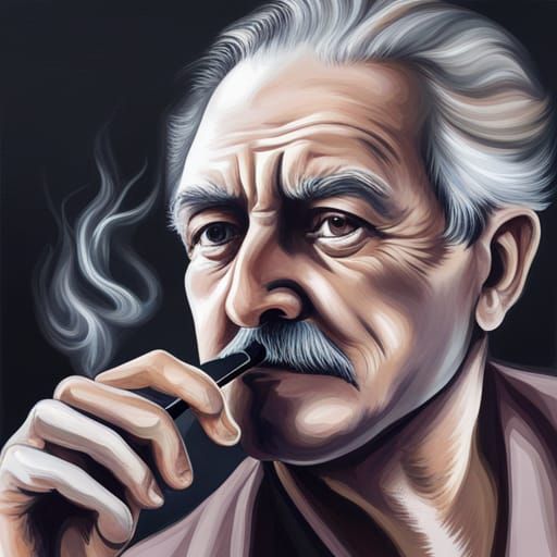 Realistic Painting of Elderly Man Smoking Pipe