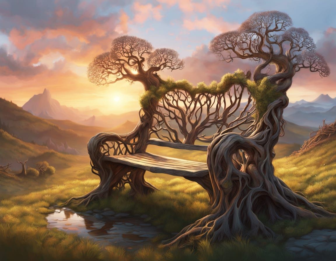 Surreal Living Bench in Mountain Meadow at Sunset