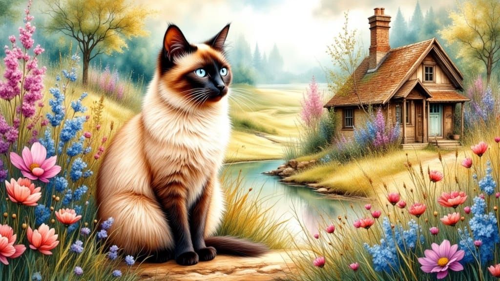 Fluffy Siamese Cat in Colorful Flower Field