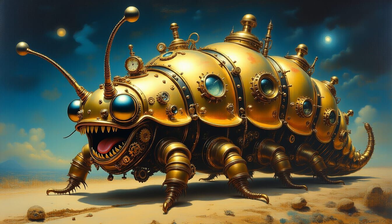 Steampunk Caterpillar in Surreal Mixed Media Style