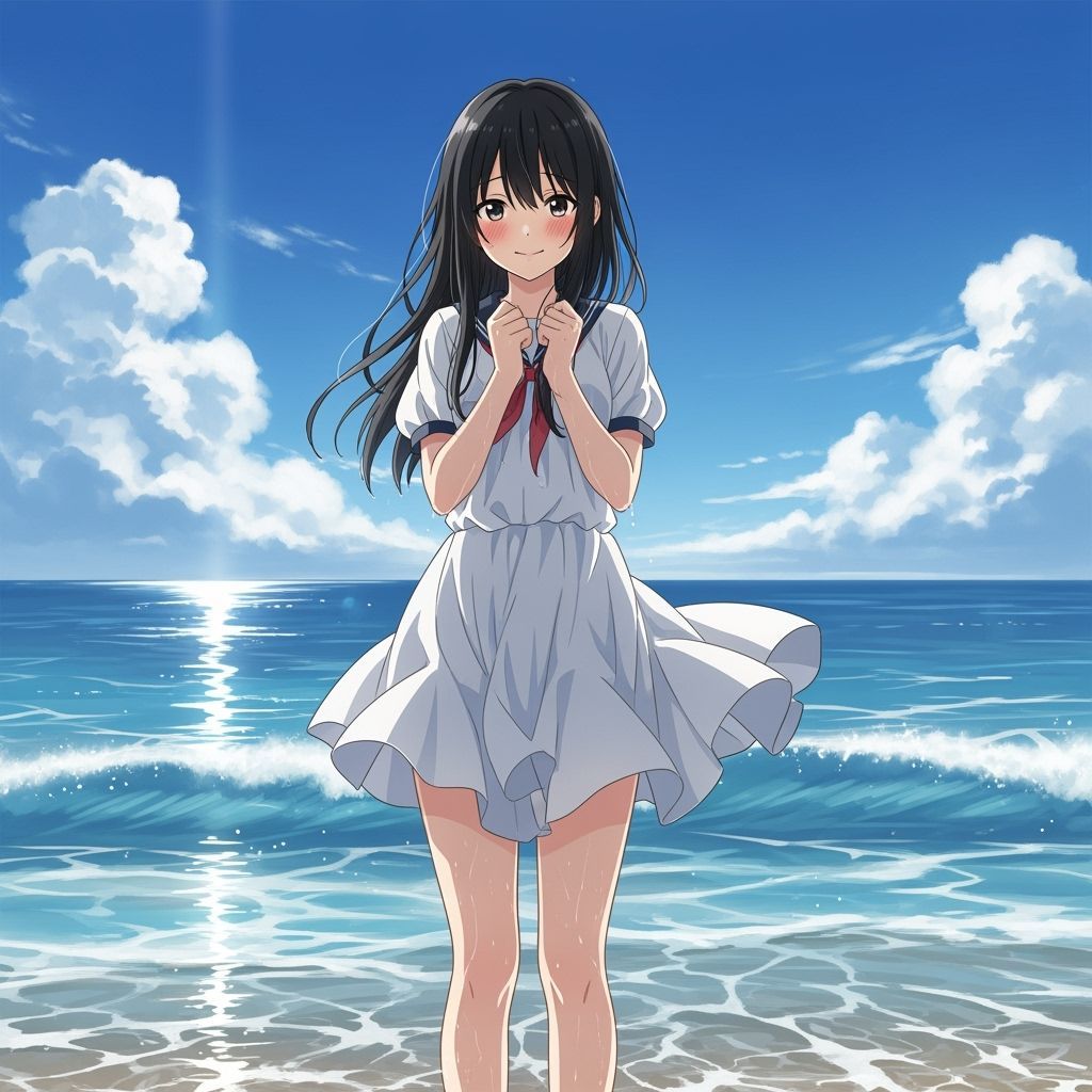 Anime Girl at Beach in Makoto Shinkai Style