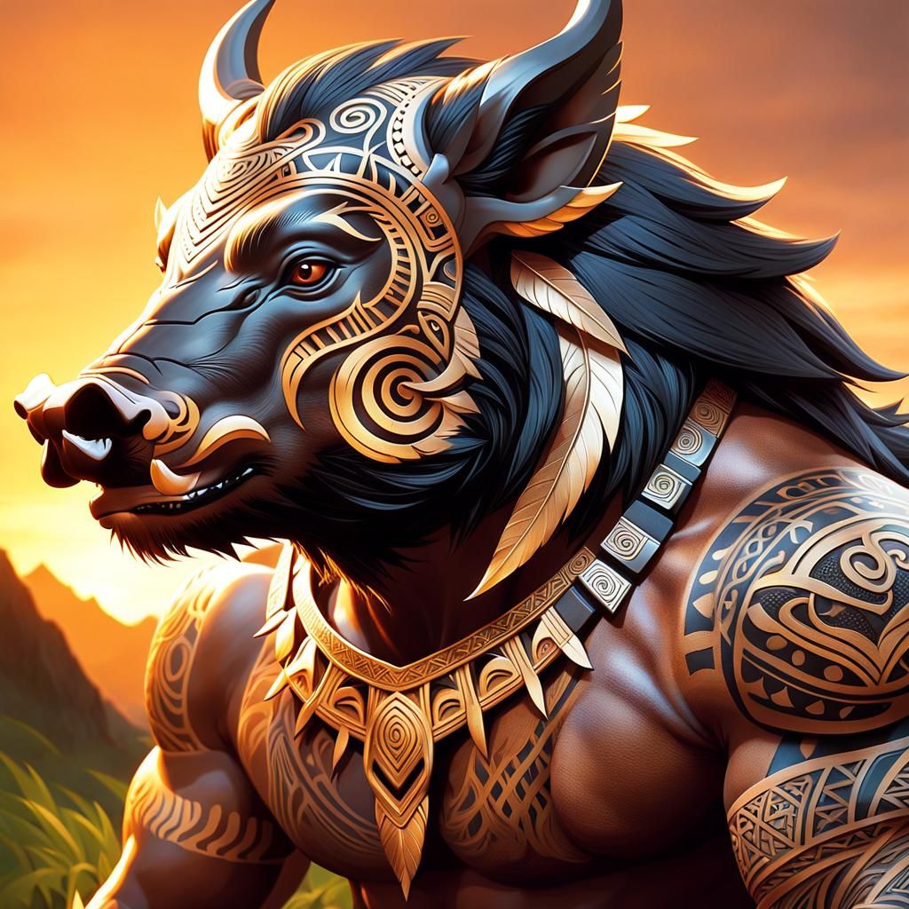 Tribal Fusion Art: Man-Boar Hybrid with Golden Tusks