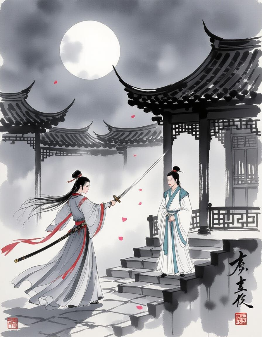 Female Knight Deflects Dart in Moonlit Courtyard - Ink Paint...