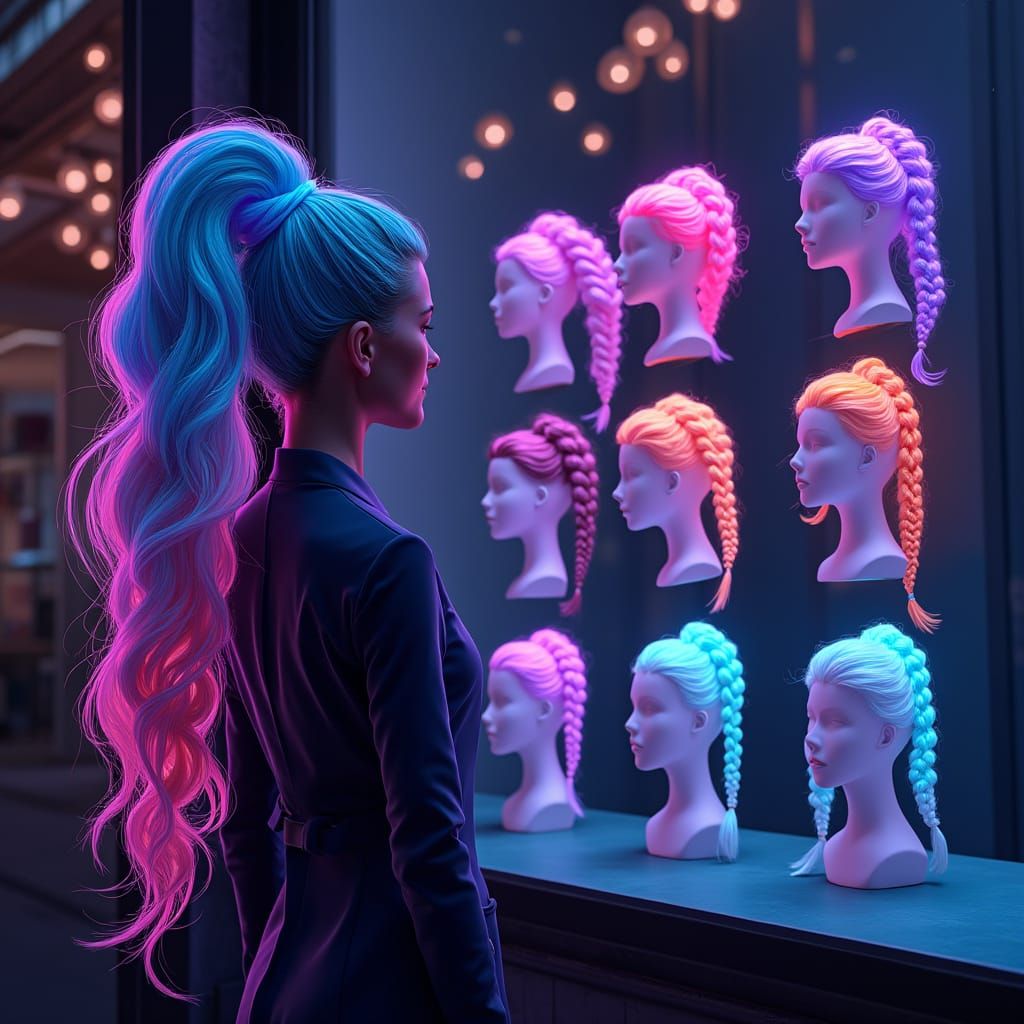 Woman with Neon Ponytail Gazes at Salon Window