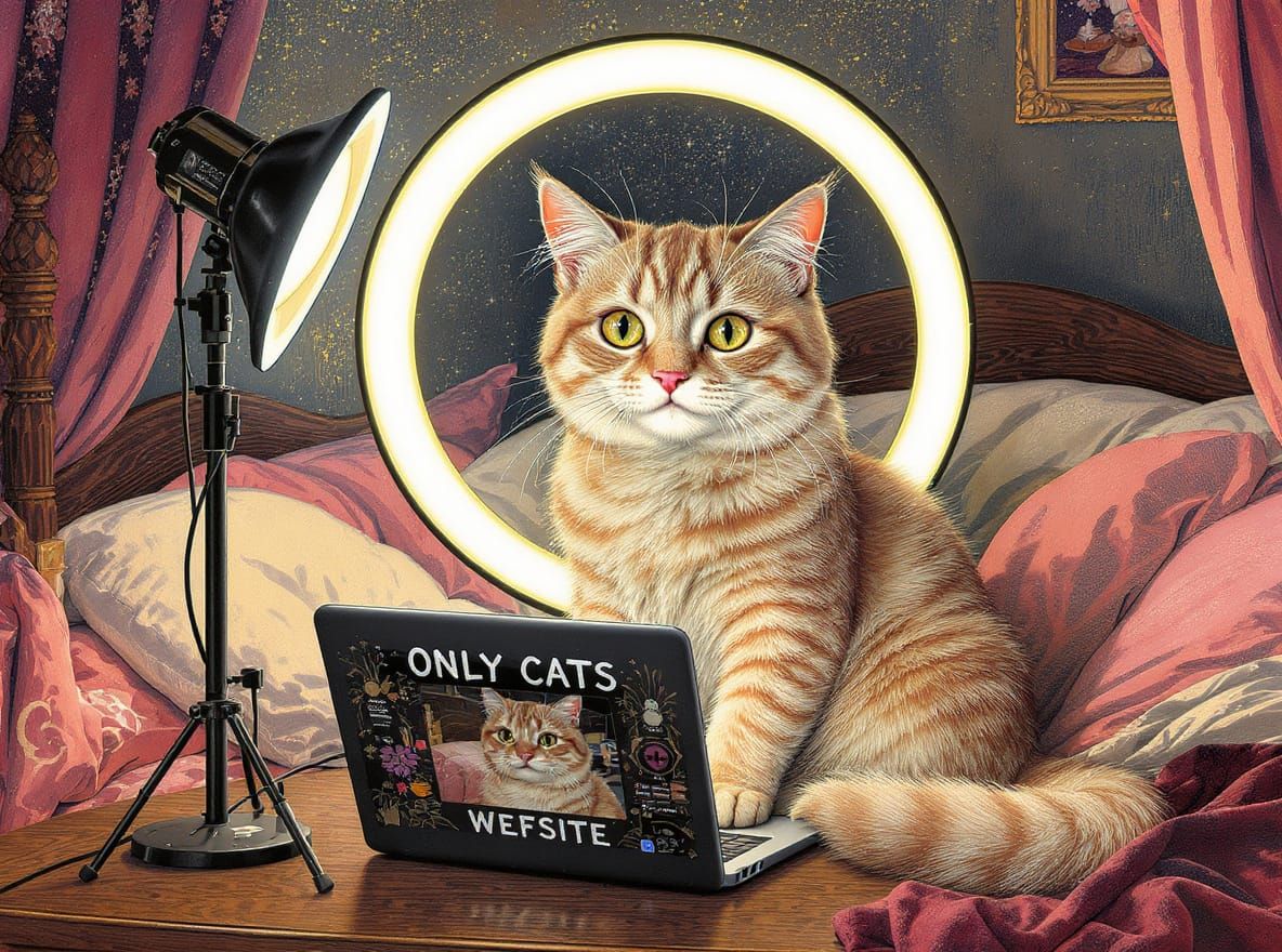 Cute Cat Girl Posing in Bedroom: Art Nouveau Illustration