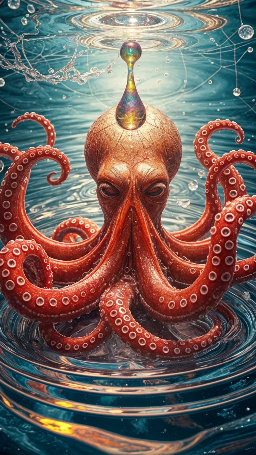 Ethereal Iridescent Water Scene with Octopus and Fibonacci F...
