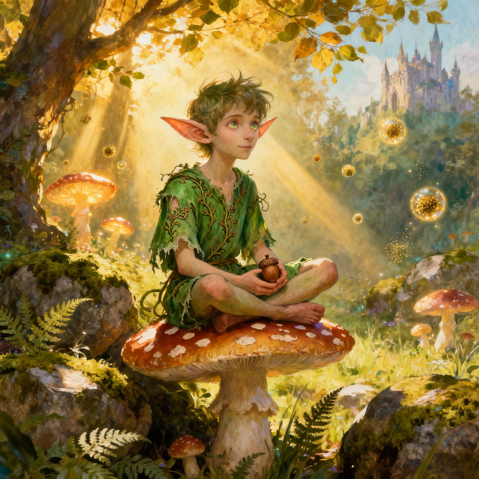 Mischievous Elf on Toadstool in Woodland Glade