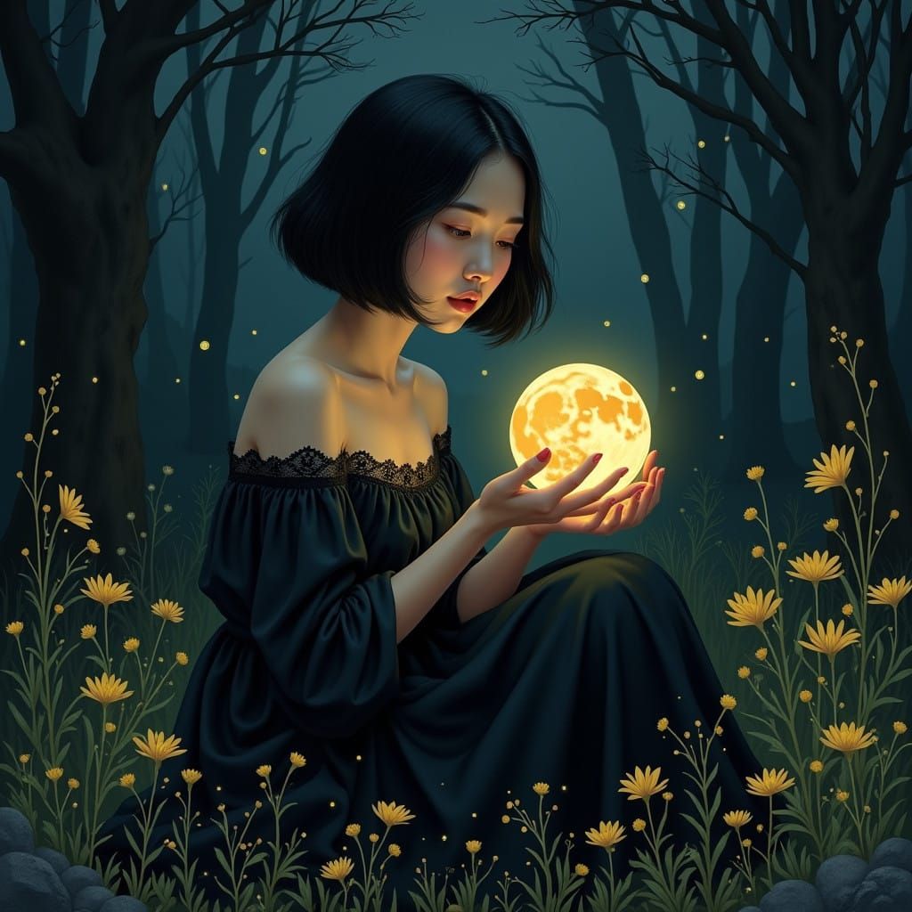 Mystical Asian Woman Contemplates Under Moonlight in Dark Fo...